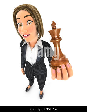 3d-Business woman holding a chess König, Illustration mit isolierten weißen Hintergrund Stockfoto