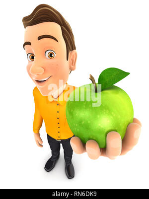 3d Mann, grüner Apfel, Abbildung mit isoliert weißer Hintergrund Stockfoto