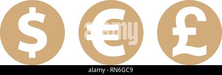 Münzen Dollar, Euro, Pfund Sterling, Währungssymbole, Finanzen Vector Illustration auf weißem Hintergrund Stock Vektor