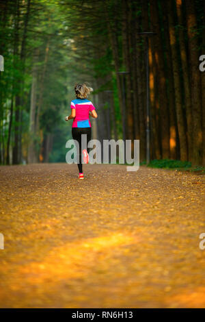 Foto von der Rückseite der Sport Frau durch Park unter Bäumen auf Sommer. Stockfoto