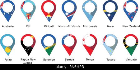 Flaggen in der Form einer Pin der Länder in Ozeanien mit ihren Namen unten geschrieben Stock Vektor