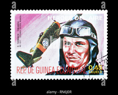 Storniert Briefmarke von Äquatorialguinea gedruckt, zeigt, dass Finnische Piloten Tuominien. Stockfoto