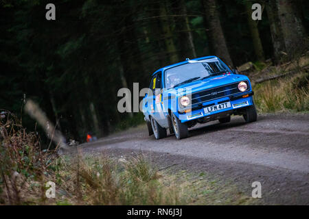 Rally Car in den Cambrian Rallye 2019 konkurrieren, in Alwen Forest, North Wales Stockfoto