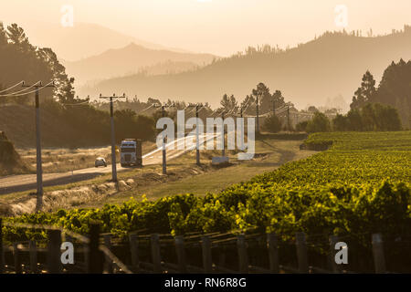 Fahren Lkw entlang einer Straße durch Foggy Mountain in Neuseeland, Südinsel Stockfoto