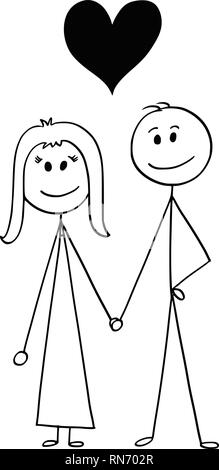Cartoon von heterosexuellen Paaren von Mann und Frau mit Herz über Ihnen Stock Vektor