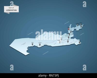 Isometrische 3D-Usbekistan Karte, Vector Illustration mit Städten, Ländergrenzen, Kapital, administrative divisions und Zeiger markiert; Gradient blauen Hintergrund. Stock Vektor