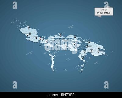 Isometrische 3D-Philippinen Karte, Vector Illustration mit Städten, Ländergrenzen, Kapital, administrative divisions und Zeiger markiert; Gradient blauer Hintergrund Stock Vektor