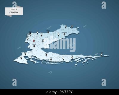 Isometrische 3D-Kroatien Karte, Vector Illustration mit Städten, Ländergrenzen, Kapital, administrative divisions und Zeiger markiert; Gradient blauen Hintergrund. C Stock Vektor