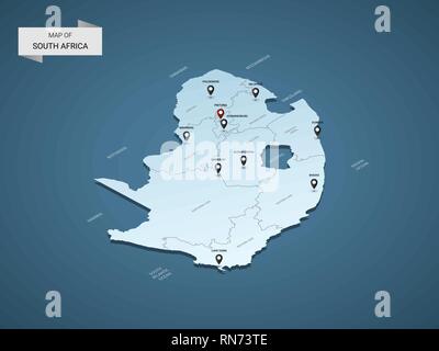Isometrische 3D-Südafrika Karte, Vector Illustration mit Städten, Ländergrenzen, Kapital, administrative divisions und Zeiger markiert; Farbverlauf blau backgroun Stock Vektor