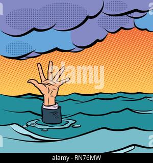 Hand versinkt im Meer. Comic cartoon Pop Art retro Vektor Grafik Handzeichnung Stock Vektor