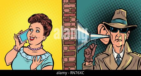 Staatliche Abhörmaßnahmen Gespräche, Spion hört Gespräch am Telefon. Comic cartoon Pop Art retro Vektor Grafik Handzeichnung Stock Vektor