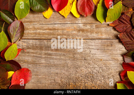 Blätter im Herbst Grenze auf rustikalen Hintergrund. Ansicht von oben. Stockfoto