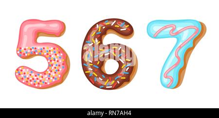 Donut Vereisung zahlen - Ziffern 5, 6, 7. Font von Donuts. Bäckerei süße Alphabet. Donut Alphabet latters A B C auf weißem Hintergrund Stock Vektor