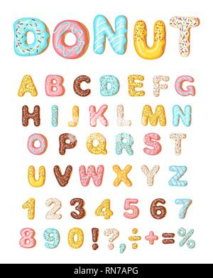 Donut Vereisung latters, Font der Krapfen. Bäckerei süße Alphabet. Buchstaben und Zahlen. Donut Alphabet und Zahlen auf weißem Hintergrund Stock Vektor