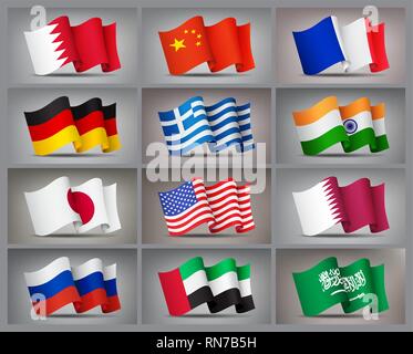 Satz von wehenden Fahnen Symbole isoliert, offiziellen Symbole der Gebiete, Vector Illustration. Stock Vektor