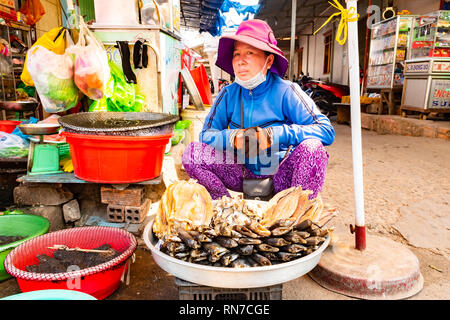 Phu Quoc, Vietnam, 26. Februar 2018 - die Frau, die in der traditionellen hat den Verkauf von Fisch und Meeresfrüchten auf traditionellen Street Food Markt Stockfoto