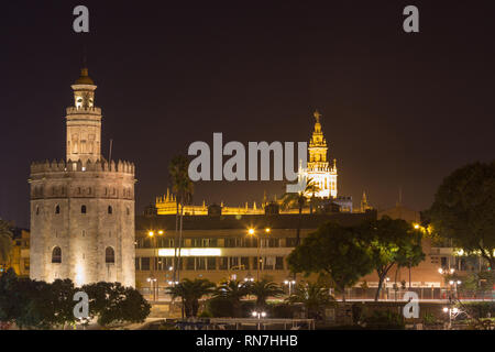 Die Torre del Oro (Englische Übersetzung: Golden Tower) bei Nacht mit in der Ferne die Giralda Turm der Kathedrale der Stadt Sevilla Stockfoto