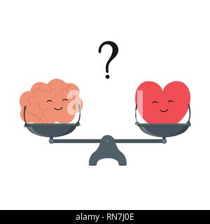 Abbildung: Das Konzept der Balance zwischen Logik und Gefühl. Cartoon Gehirn und Herz mit niedlichen Gesichter auf einer Skala. Herz oder Verstand Vektor Stock Vektor