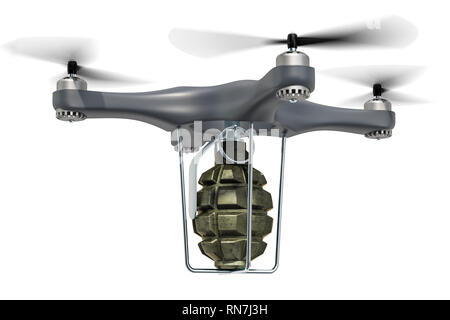 Militärische Drone mit Handgranate, 3D-Rendering auf weißem Hintergrund Stockfoto