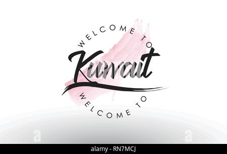 Kuwait Willkommen bei Text mit Aquarell Rosa Pinselstrich Vector Illustration. Stock Vektor