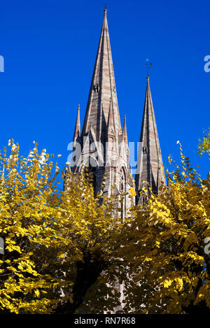 Straßburg, Elsass, Frankreich, Türme der St. Paul evangelische Kirche, Neustadt, Bäume mit Herbstlaub, Stockfoto