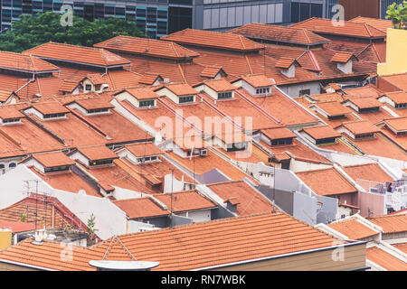 Singapur/Singapur - 17 Februar 2019: der Antenne Vogelperspektive des Art déco Shophouses in Chinatown Tanjong Pagar Conservation Area im eleganten Mut Stockfoto