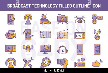 Broadcast Technologie gefüllt Umrisse Symbole gesetzt. Pixel Perfect Icon base auf 64 PX Stock Vektor