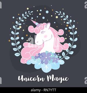 Süße Einhorn und Blumenkranz illustration Design. Vector Illustration Stock Vektor