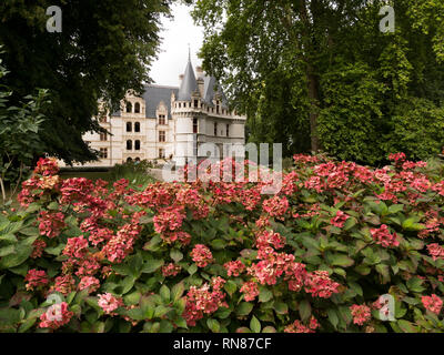 Chateau d'Azay-le-Rideau, Loire Tal, Frankreich. Zu Beginn der Renaissance Schloss umgeben von Bäumen und Blumen Stockfoto