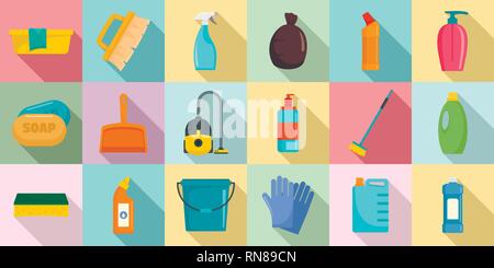 Reinigungsmittel geräte Symbole gesetzt. Flachbild sauberer Ausstattung Vector Icons für Web Design Stock Vektor