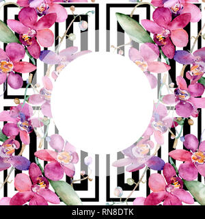 Pink Orchid bouquet Blumig botanischen Blume. Aquarell Hintergrund Abbildung. Rahmenlinie ornament Quadrat. Stockfoto