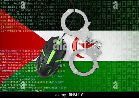 Westsahara Flagge und mit Handschellen gefesselt moderne Hintergrundbeleuchtete Computer Maus. Kreatives Konzept zur Bekämpfung der Computerkriminalität, Hacker und Produkt- und Dienstleistungspiraterie Stockfoto