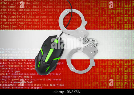 Österreich Flagge und mit Handschellen gefesselt moderne Hintergrundbeleuchtete Computer Maus. Kreatives Konzept zur Bekämpfung der Computerkriminalität, Hacker und Produkt- und Dienstleistungspiraterie Stockfoto