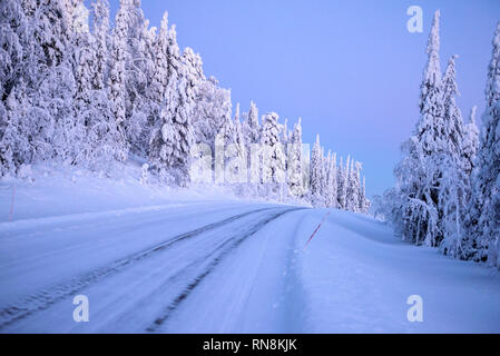 Schnee und Eis bedeckten Bäume in Lappland, Finnland Stockfoto