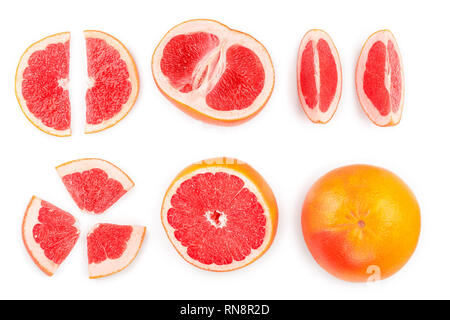 Grapefruit und Scheiben auf weißem Hintergrund. Ansicht von oben. Flach Muster. Eingestellt oder Sammlung Stockfoto