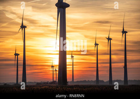 Windpark Utgast, Windpark, im Landkreis Wittmund, Ost Frida, Niedersachsen, Deutschland, Sonnenuntergang, Stockfoto
