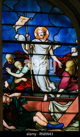 Glasmalereien in der Kirche von St. Severin, Latin, Paris, Frankreich, die Jesus auf wundersame Weise steigt aus dem Grab Stockfoto