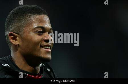 Leon Bailey von Leverkusen gesehen feiern nach der Bundesliga Fußball Match zwischen Bayer Leverkusen vs Fortuna Düsseldorf in der BayArena, Leverkusen. (Endstand; Bayer Leverkusen mit 2:0 Fortuna Düsseldorf) Stockfoto