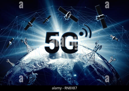 Globale Konnektivität Konzept mit der weltweiten Kommunikation Netzwerk Verbindung um das glob-Knoten. Blau getönt, wie Konflikte um 5 G abgekühlt ist. 3D-r Stockfoto