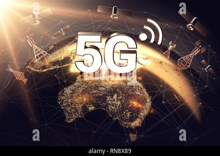 Globale Konnektivität Konzept mit der weltweiten Kommunikation Netzwerk und 5G Buchstaben über Gebiet Australiens stehen. 3D-Rendering Stockfoto