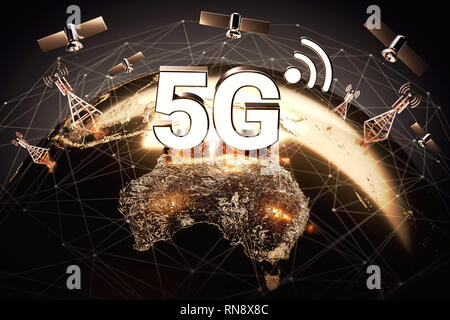 Globale Konnektivität Konzept mit der weltweiten Kommunikation Netzwerk und 5G Buchstaben über Gebiet Australiens stehen. 3D-Rendering Stockfoto