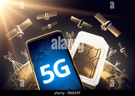 Globale Konnektivität Konzept mit der weltweiten Kommunikation Netzwerk- und 5G-Wort. 3D-Rendering Stockfoto