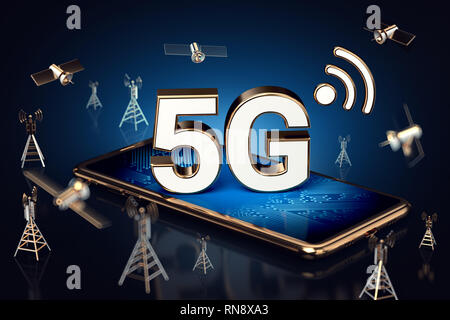 Smartphone mit 5-G-Zeichen auf dem Bildschirm zur Festlegung von Netzwerk Türme, Satelliten und high speed Netzwerk umgeben Linien Knoten. Zukunft der schnelle Internet Stockfoto