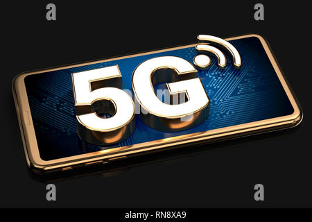 Mit 5 G Zeichen auf dem Bildschirm auf schwarzem Hintergrund isoliert Smartphone. 3D-Rendering Stockfoto
