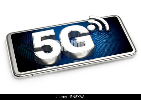 Mit 5 G Zeichen auf dem Bildschirm auf weißem Hintergrund Smartphone. 3D-Rendering Stockfoto