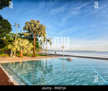 Mann Schwimmen in Cairns Lagune am frühen Morgen, Cairns Esplanade, Far North Queensland, FNQ, QLD, Australien Stockfoto