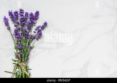 Schöne Lavendel Blumen Blumenstrauß auf weißem Marmor Tisch mit Platz für Ihren Text kopieren. top anzeigen. Flach. Hochzeit oder Tag der Frauen Hintergrund Stockfoto