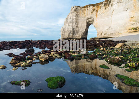 Strand in Etretat bei Ebbe mit schönen Bogen Cliff und Reflexion im Meer, Normandie, Nord Frankreich, Europa Stockfoto