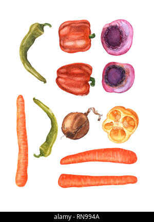 Aquarell Hand gezeichnet Gemüse, auf weißem Hintergrund. Blick von oben auf die rote Bete, Karotten, Paprika, Chili und Zwiebeln. Gesunde Bio-lebensmittel. Stockfoto