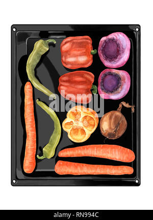 Aquarell hand Gemüse auf schwarz metallic Backblech, flach gezeichnet. Blick von oben auf die rote Bete, Karotten, Paprika, Chili und Zwiebeln. Frische Lebensmittel. Stockfoto